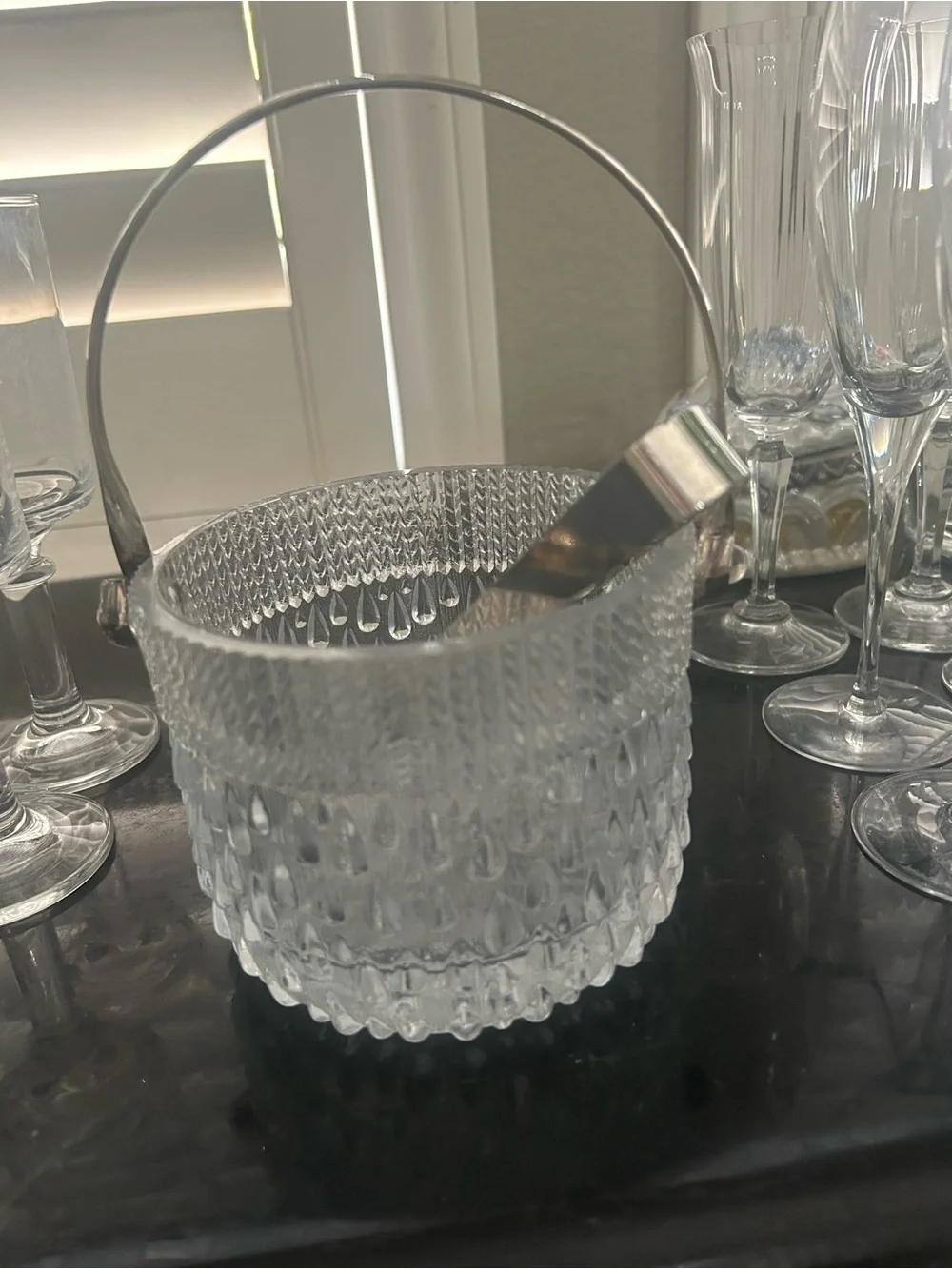 Vintage Clear Textured Glass mini Ice Bucket with Silver Handle